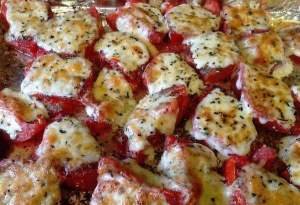 Roasted Tomatoes with Pepper Jack Cheese on a Pan